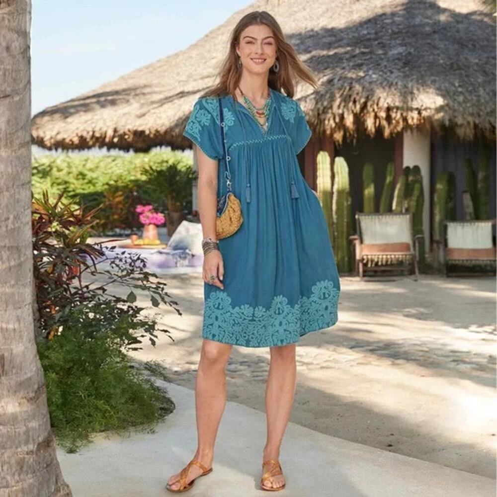 Sundance Women's Blue Bright‎ Pathway Embroidered Empire Waist Boho Dress Sz PXS